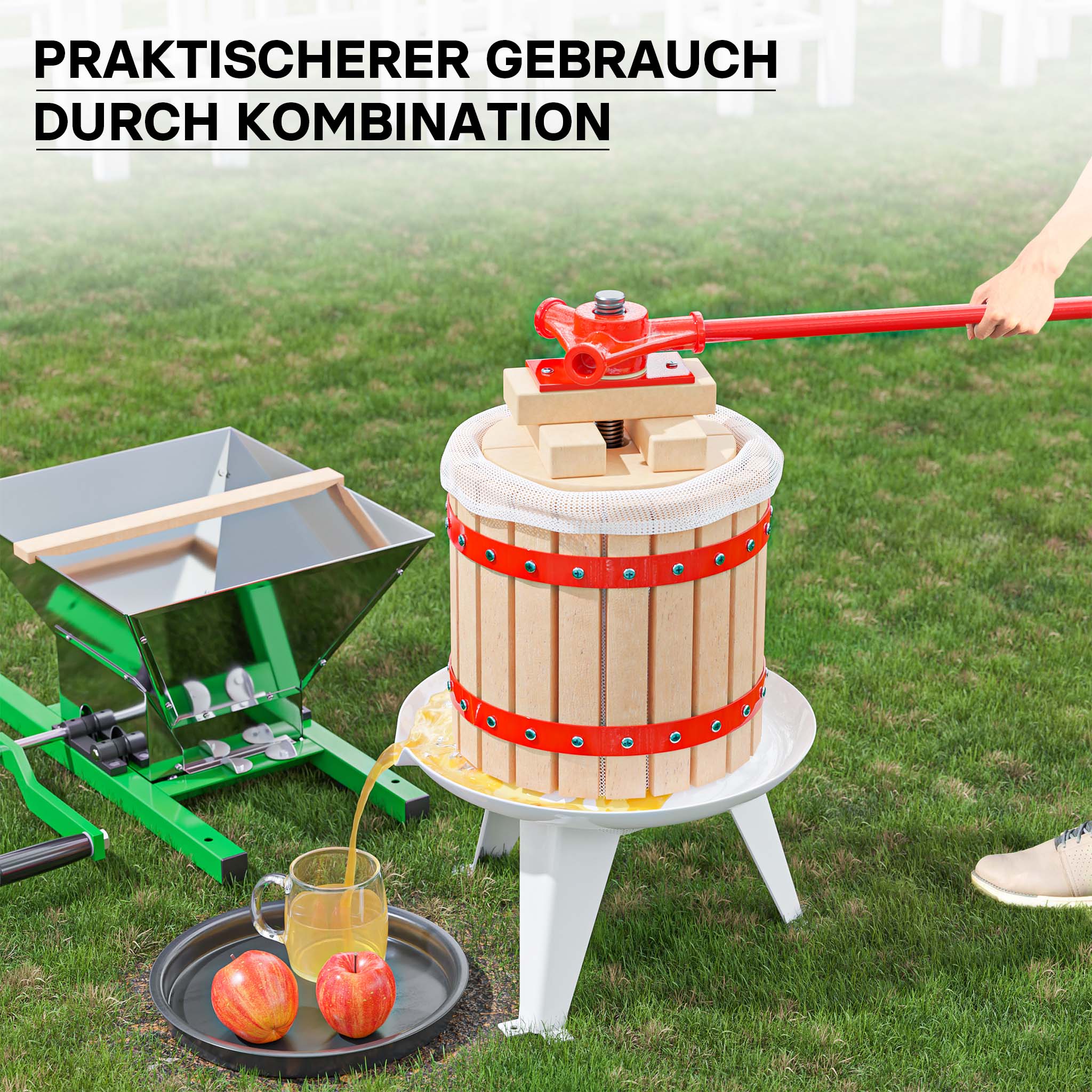 Set Mulino macina frutta 7 l e Torchio frutta 12 l con gabbia in legno e scacco di spremitura