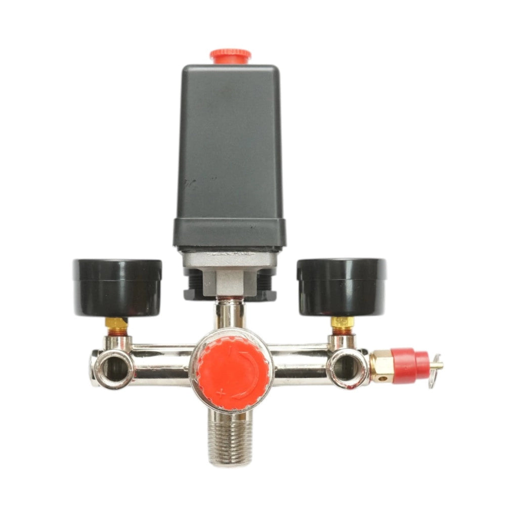 Pressostato per compressore d’aria 220V, con regolatore e 2 manometri fino a 12 bar.