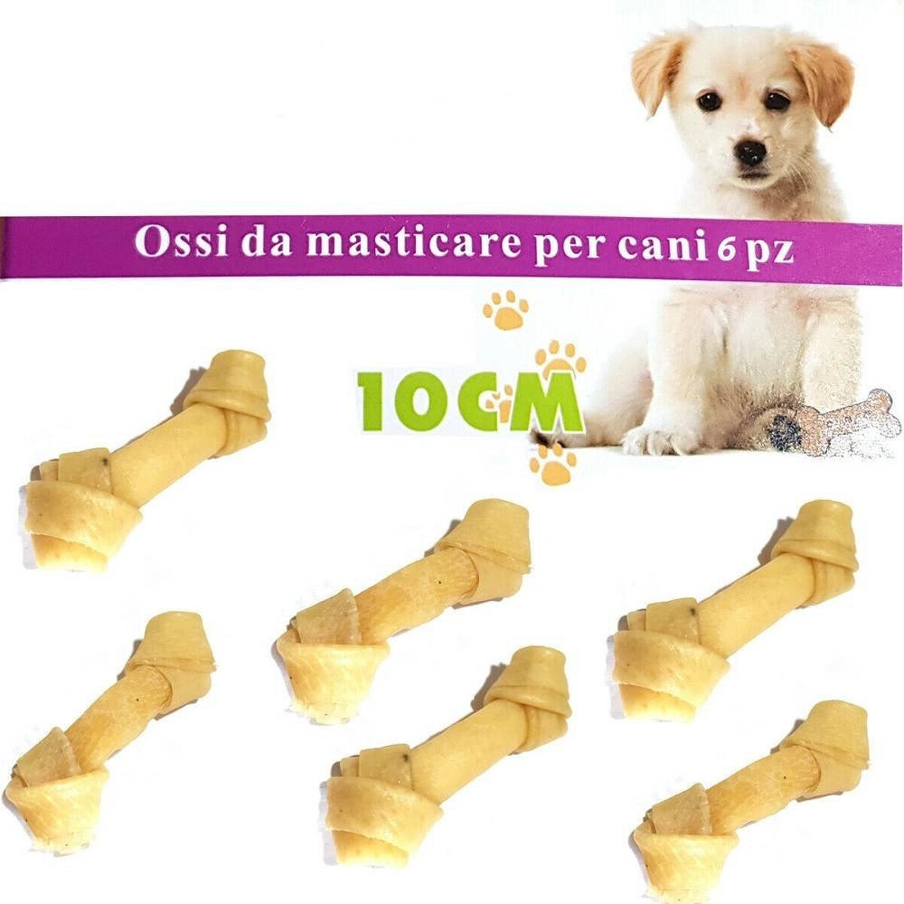 Trade Shop - Kit 6 Ossa Cane Da Masticare Pelle Bovino Osso Cani 10cm Snack Annodato Igiene -