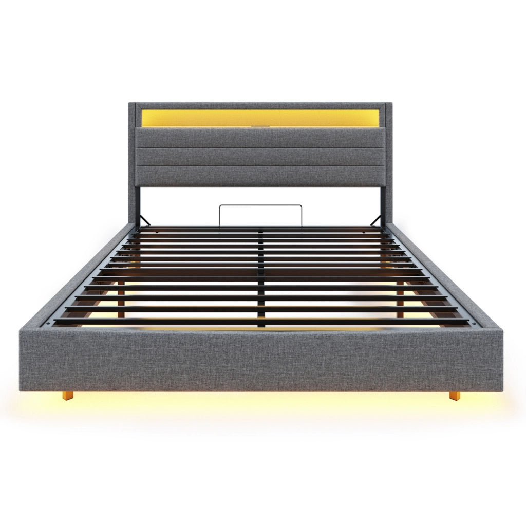 Letto contenitore imbottito 140x200 cm con LED, USB e testiera reversibile