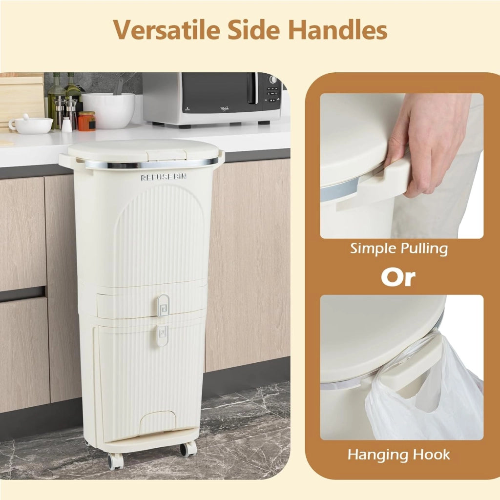 Pattumiera 38L/42L, cestino per il riciclaggio in PP con 3 scomparti, pedale, coperchio con pulsante e ruote, contenitore per cucina, bagno, ufficio (crema, 3 secchi+1 cassetto)