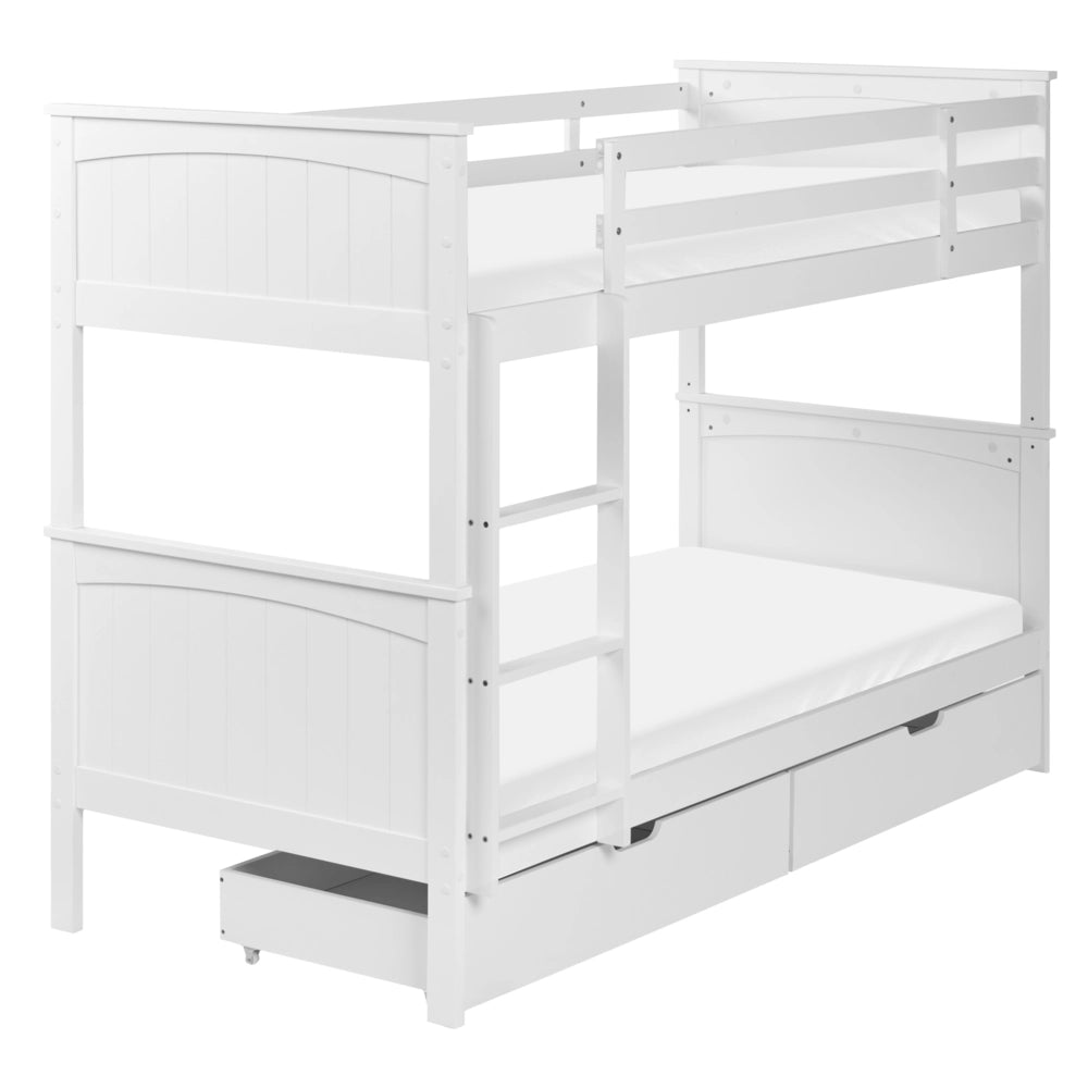 Letto a banca doppia con contenitore in legno di pino bianco singola misura 90 x 200 per bambini in cameretta