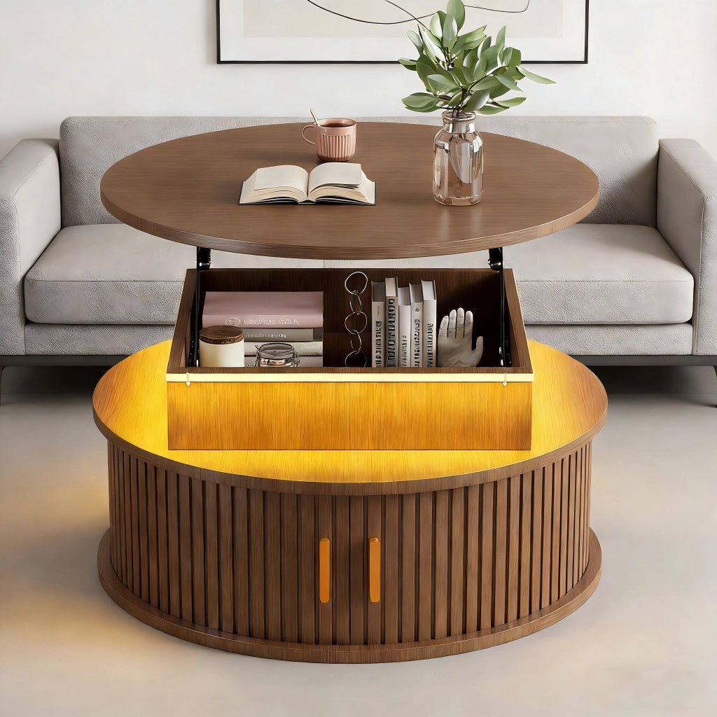 Tavolino da caffè rialzabile con LED; 2 ante a serranda e vani - per soggiorno - 75×75×52 cm - in MDF - noce