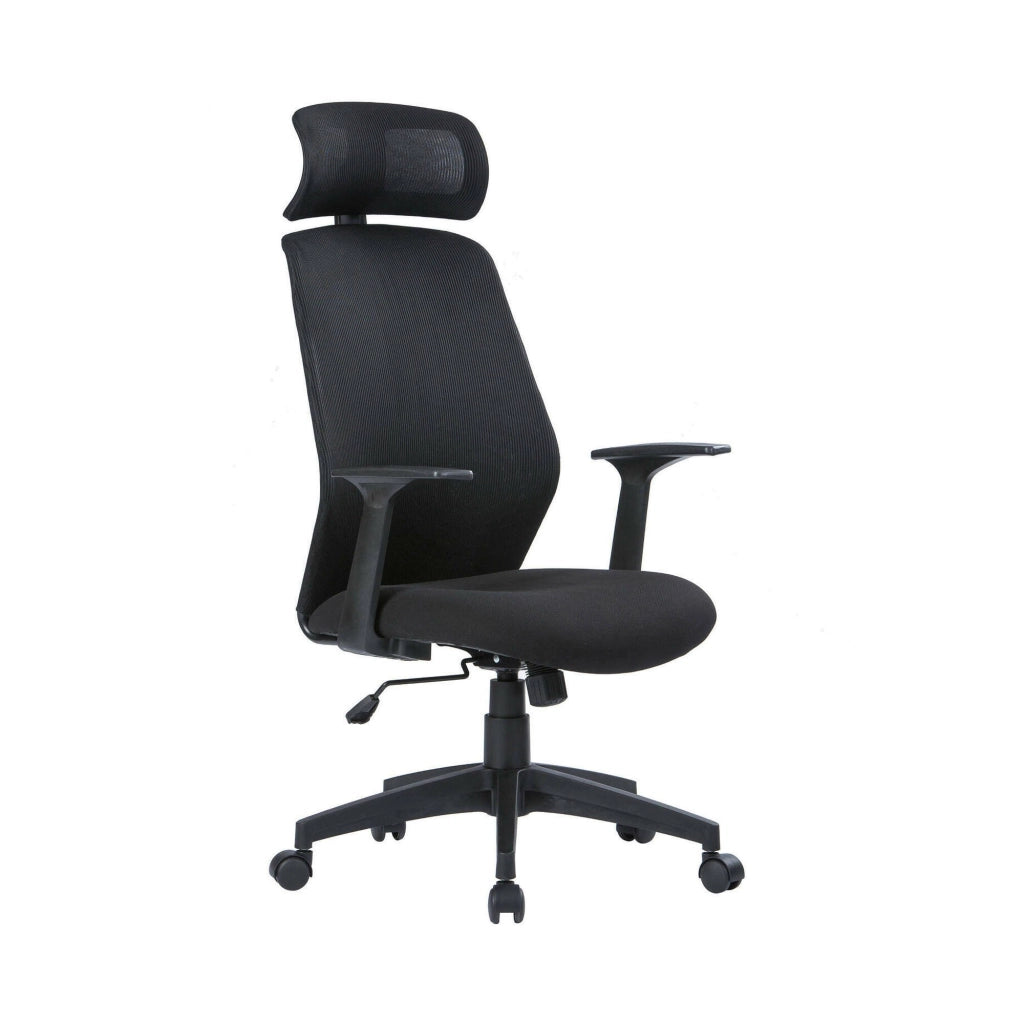 Sedia da ufficio Idro, Poltrona presidenziale con braccioli e poggiatesta, Sedia ergonomica da ufficio, 63x62h117/126 cm, Nero