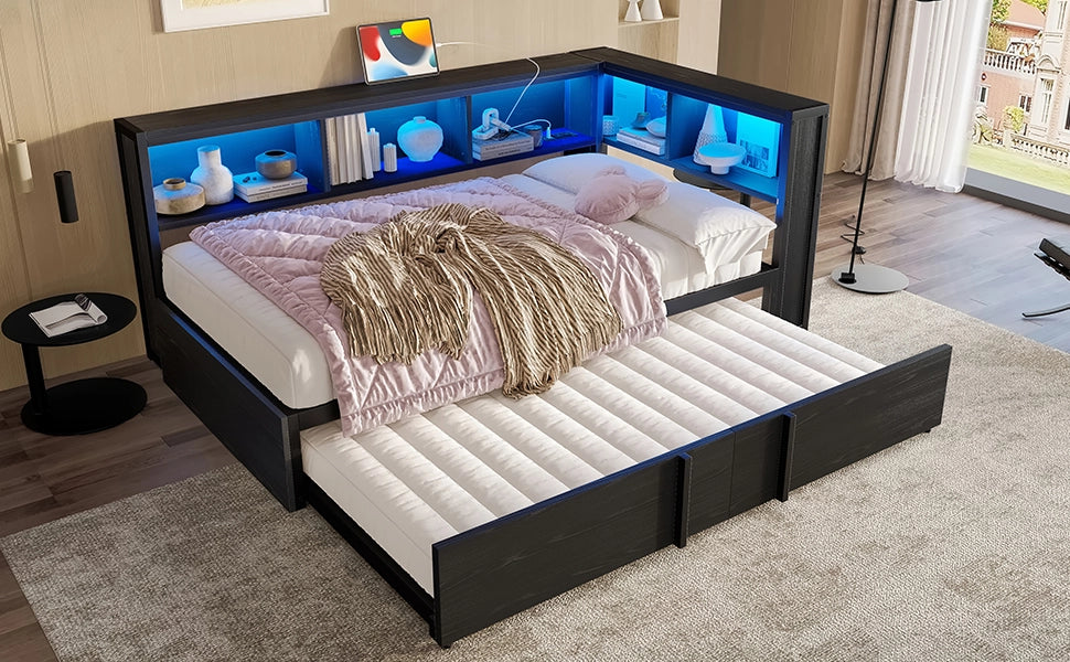 Daybed in metallo con letto estraibile, armadi, LED e USB, 90x200 cm, nero