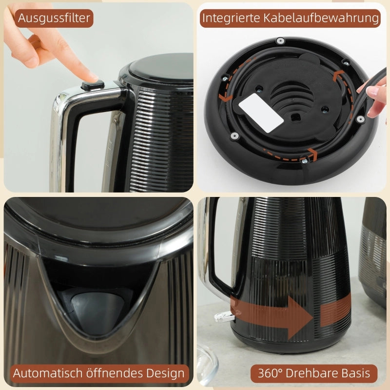 Set bollitore e tostapane, 1,7 L, varie funzioni, acciaio inox, nero