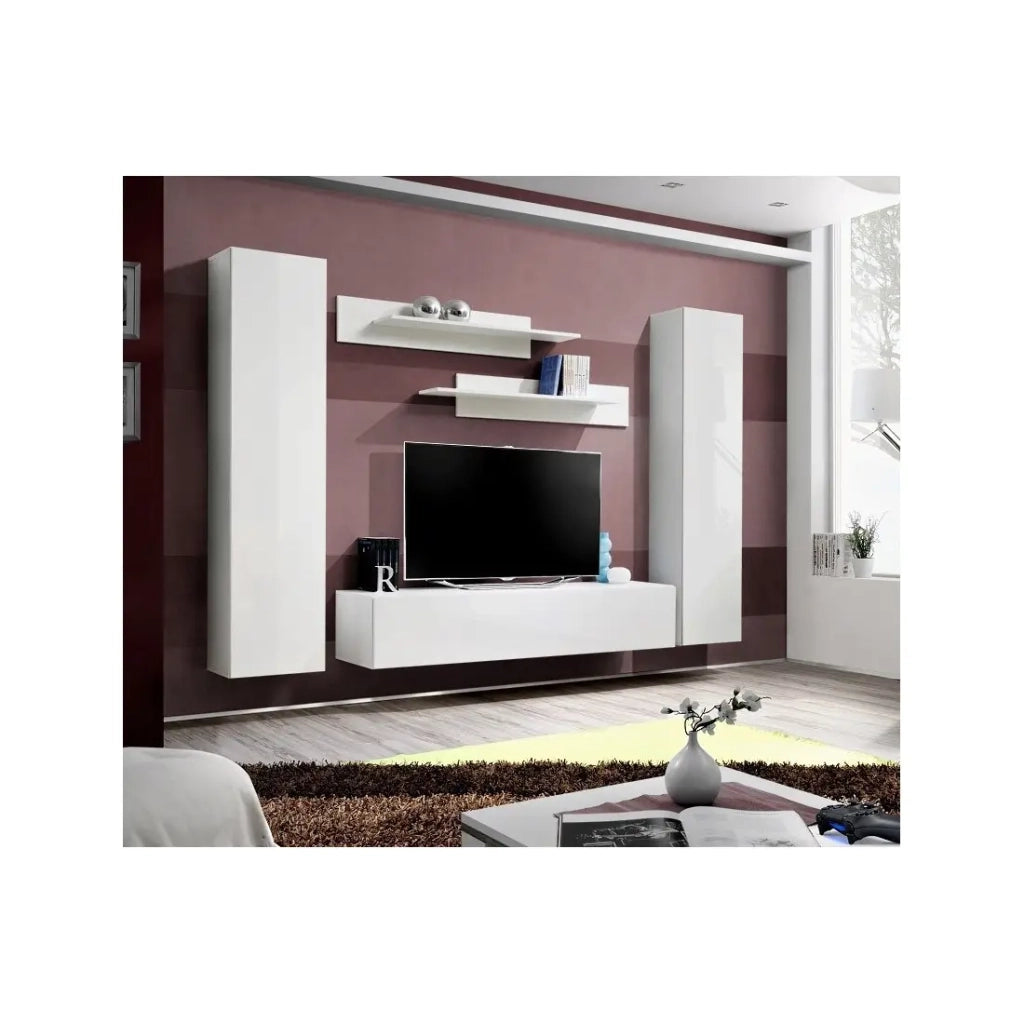 Mobile TV FLY A1 design, colore bianco lucido. Mobile sospeso moderno e alla moda per il vostro soggiorno.