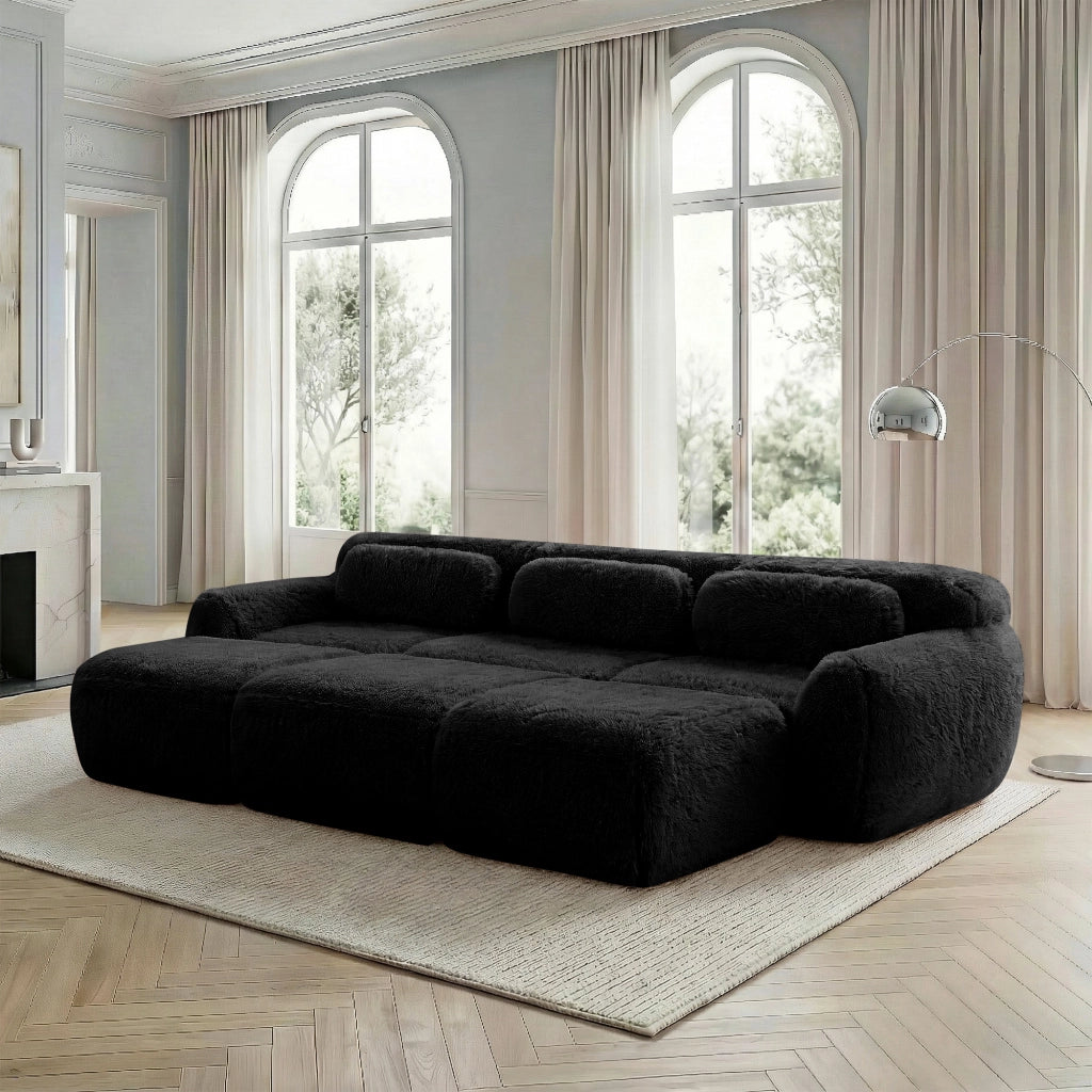 Divano Modulare 3 Posti con 3 Pouf; Senza Montaggio; Seduta Ampia Comfort Nuvola; in Peluche Nero