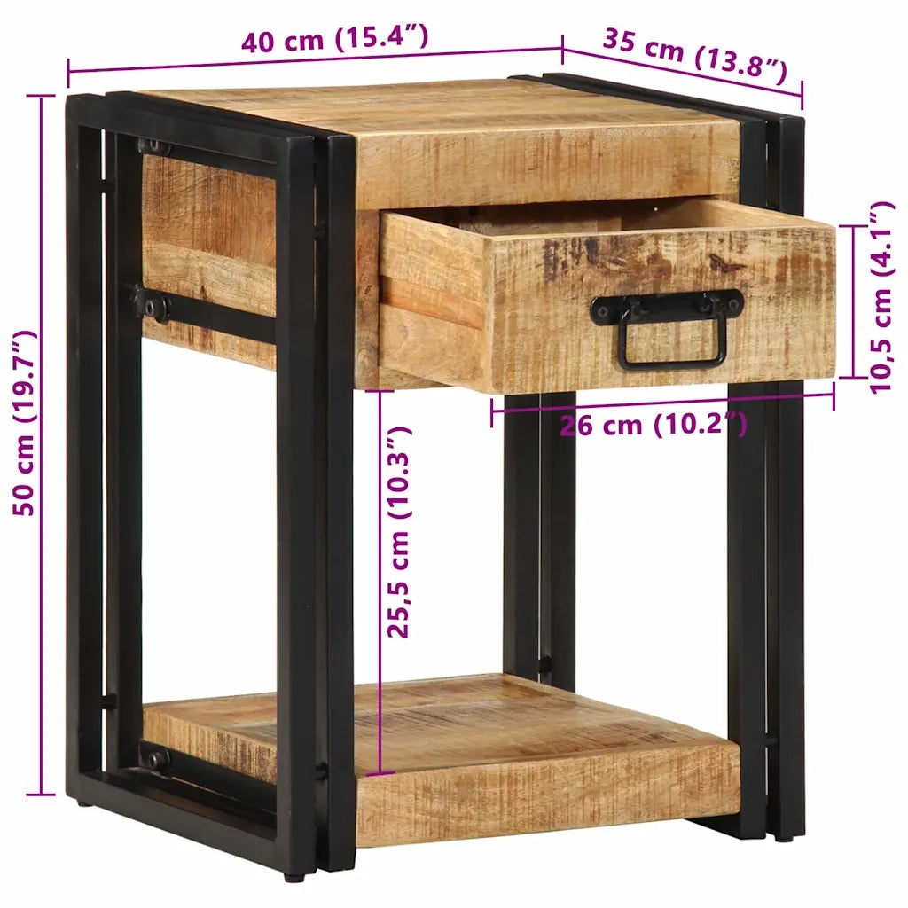Comodino | Armadio da Notte | Mobiletto da notte 40x35x50 cm in Legno Grezzo Massello di Mango