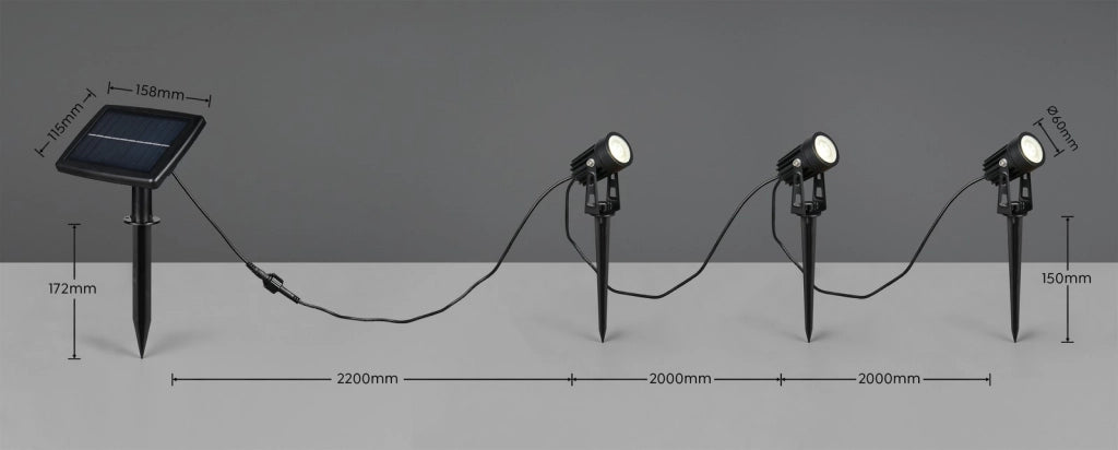 Faretto solare LED triplo nero alluminio IP44 OBIDOS RL