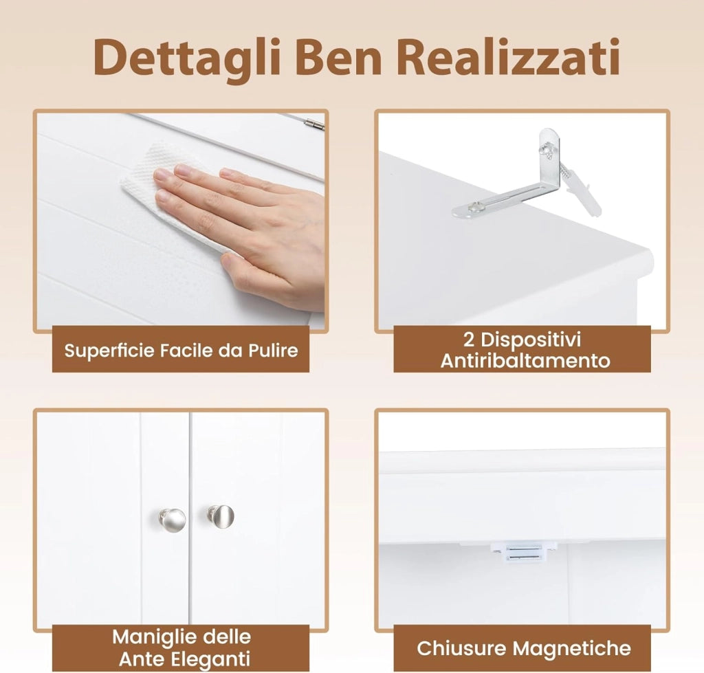 Mobiletto Spora WC 80 x 21 x 165 cm, Scaffale Lavatrice con 2 Ante, Ripiano Regolabile, Barra Inferiore e Porta Carta Igienica, Mobile Portabiancheria per Bagno