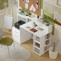 Scrivania con 2 cassetti, scaffali aperti e mensola per stampante, 137x55x92 cm, Bianco