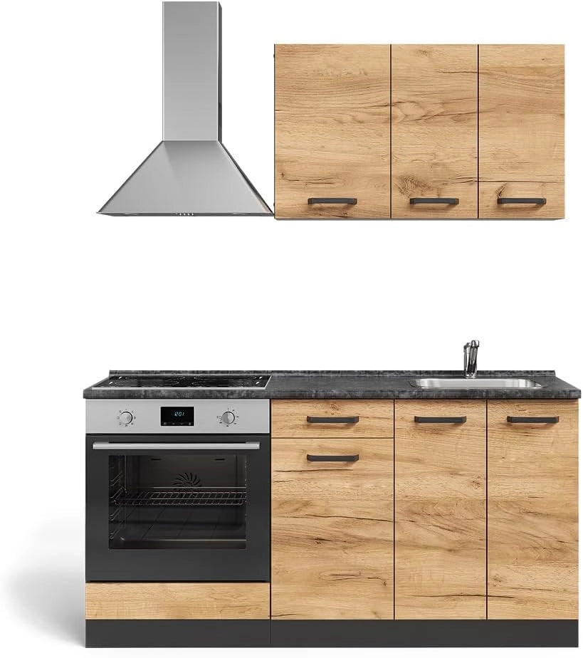 Cucina completa R-Line, Quercia dorata/antracite, 160 cm con base forno e lavello con PT