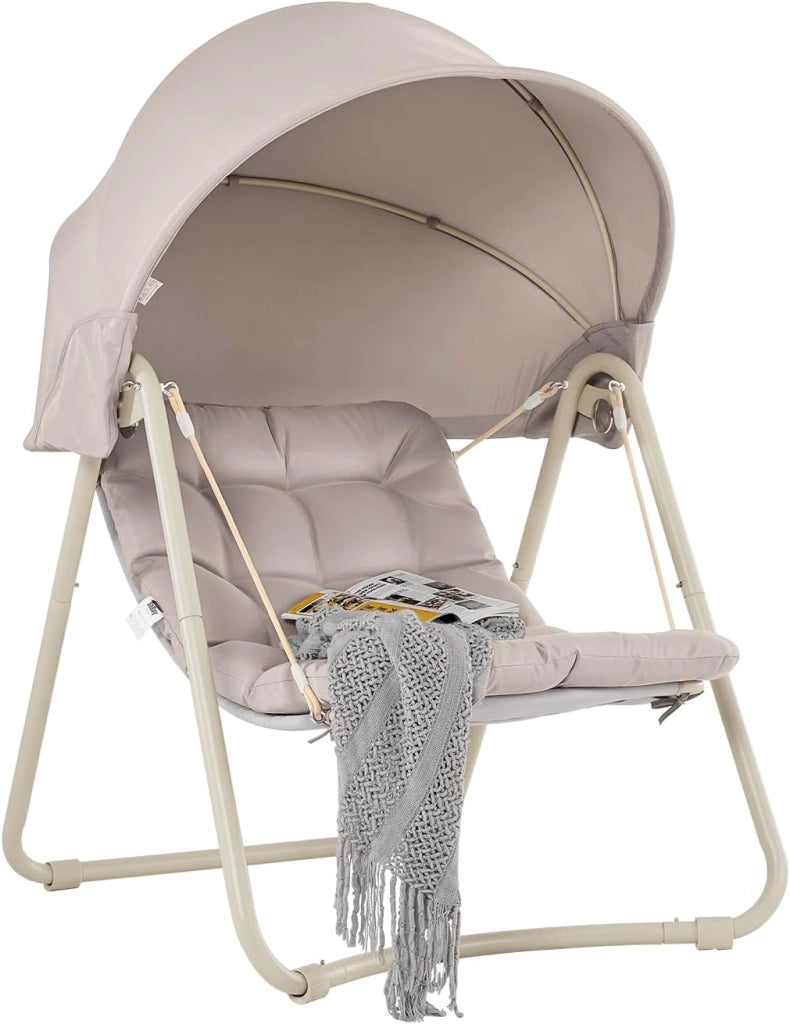 Dondolo da Giardino Poltrona Relax con Parasole Regolabile Amaca da Giardino Sedia a Dondolo per Esterni e Interni Poltrona Sospesa Beige 108x126x163 cm OGS62-MI
