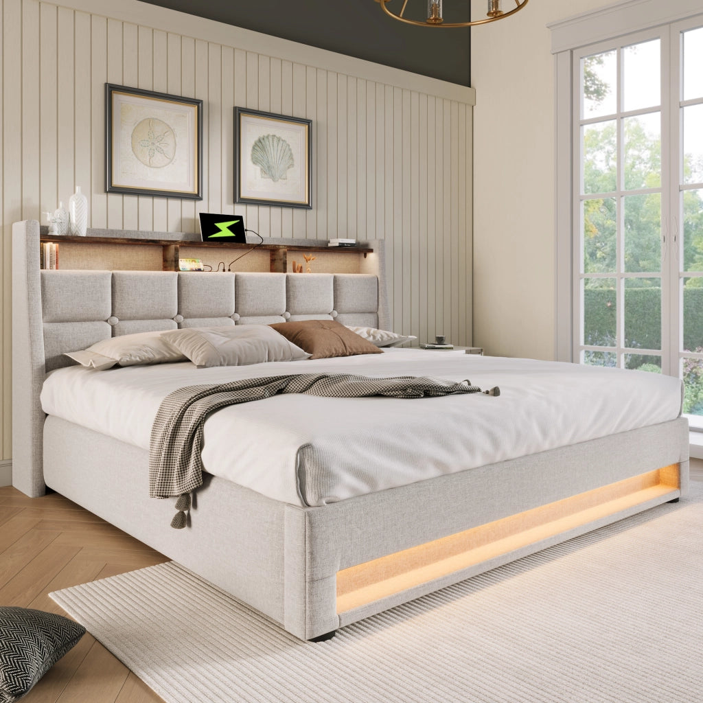 OKWISH Letto Contenitore 140×200 cm, Letto Matrimoniale con LED Regolabile, 2 USB e Mensola, senza Materasso, in Lino, Beige