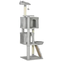 Albero Tiragraffi per Gatti con 2 Casette, Amaca, Lettino e Pali in Sisal, 48x48x160 cm, Grigio