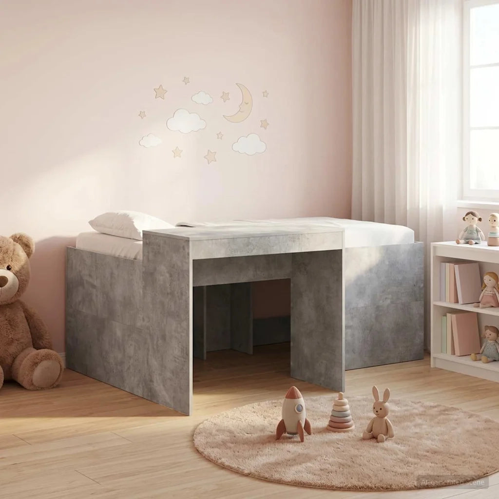 Letto alto per bambini con scrivania Grigio Cemento