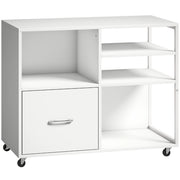 Mobile Porta Stampante 80x40x65,5 cm con Ruote e Cassetto A4 in Legno e Metallo Bianco