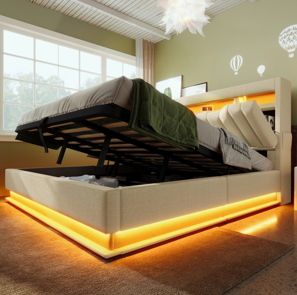 Letto matrimoniale 140x200 cm con contenitore; LED; USB e Type-C; beige in lino