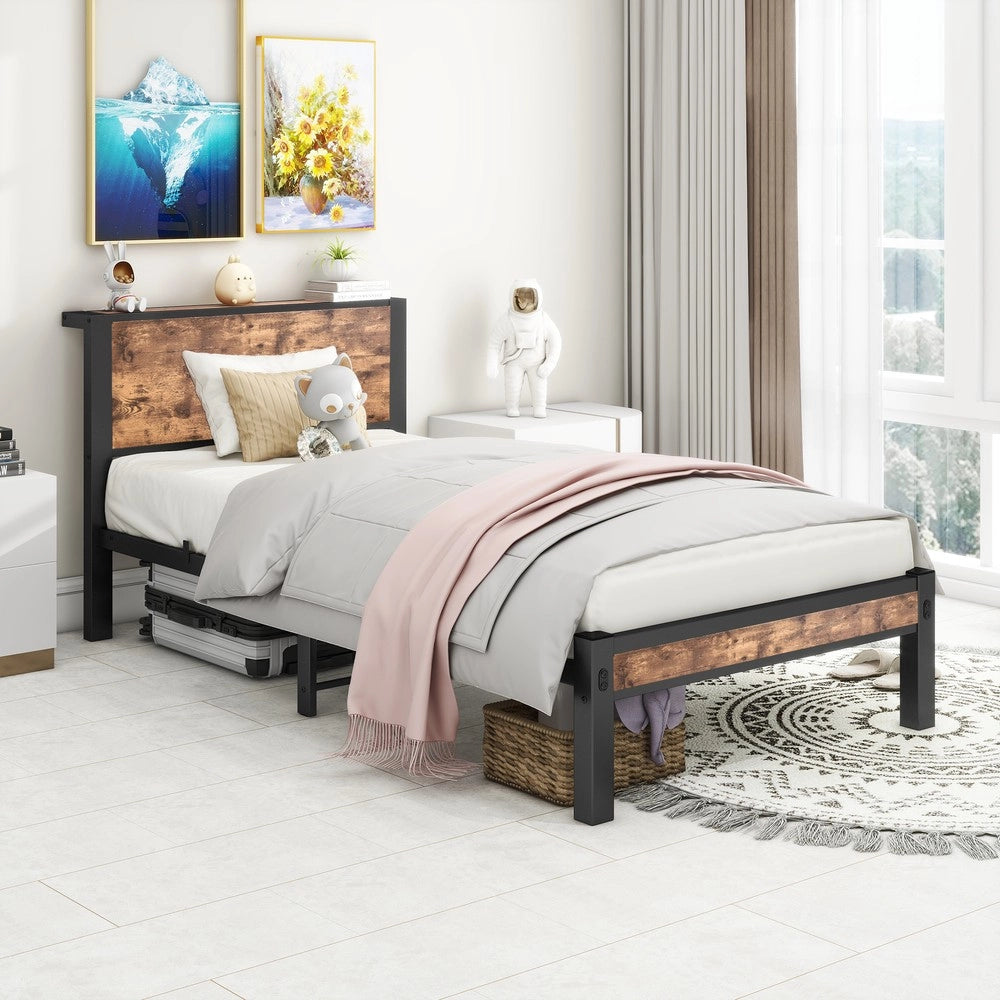 Giroletto Singolo in Metallo con Testiera Contenitore ¨C MINIMAL ¨C 90x200, Marrone Vintage
