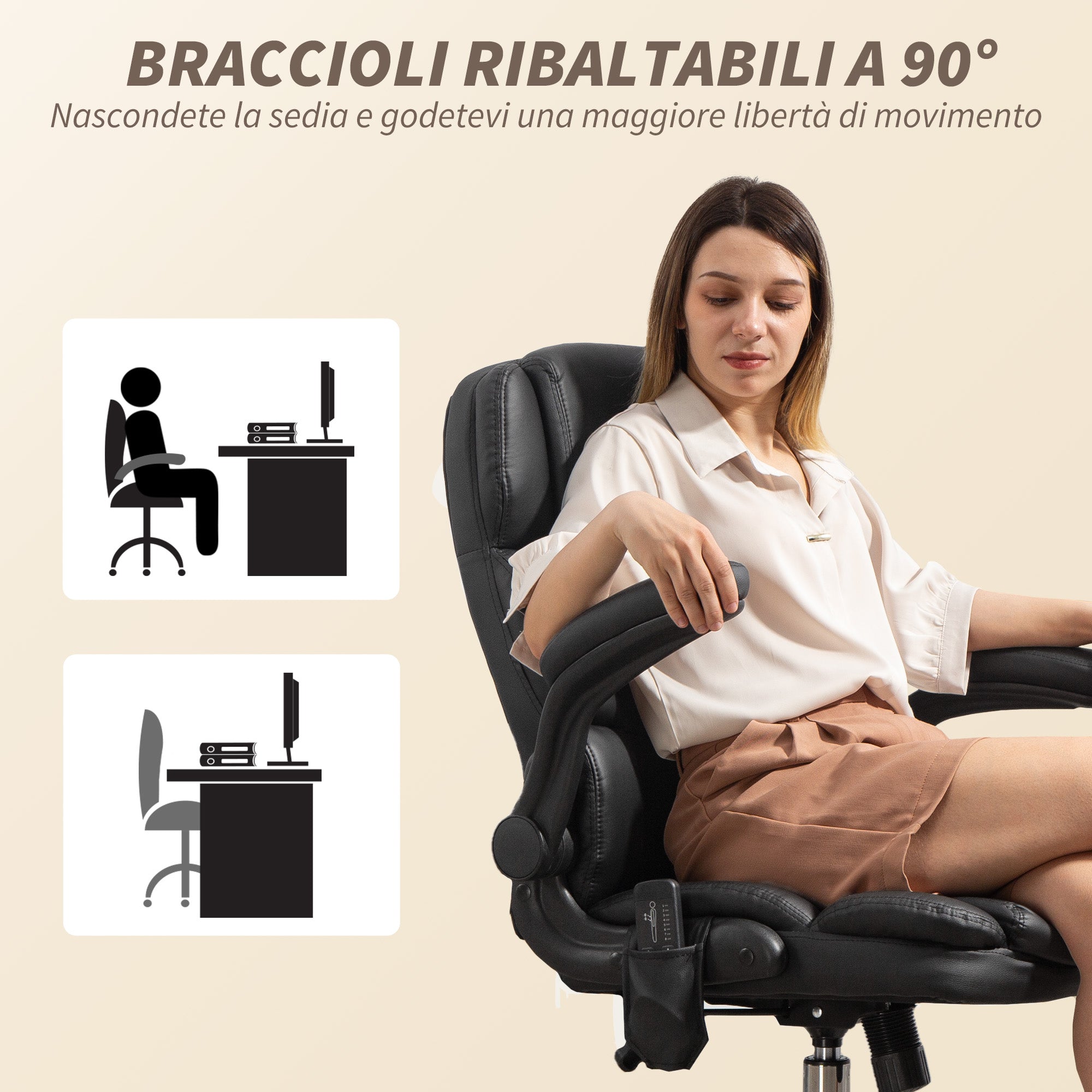 Sedia da Ufficio Operativa Massaggiante a 4 Punti con Riscaldamento e Braccioli Ribaltabili  in Pelle PU Nero