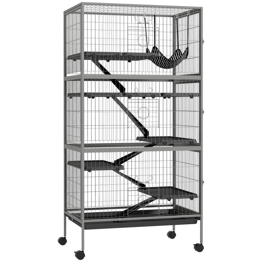 Gabbia per roditori multifunzione 4 piattaforme 3 rampe 4 porte ¨C Minimal ¨C 80x52x159 cm grigio argento nero