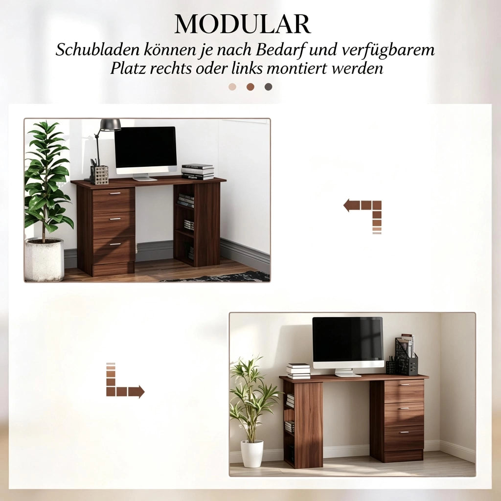 Scrivania lineare con 3 cassetti e 3 ripiani aperti, in MDF effetto legno, per ufficio e camera da letto 120 × 49 × 72 cm