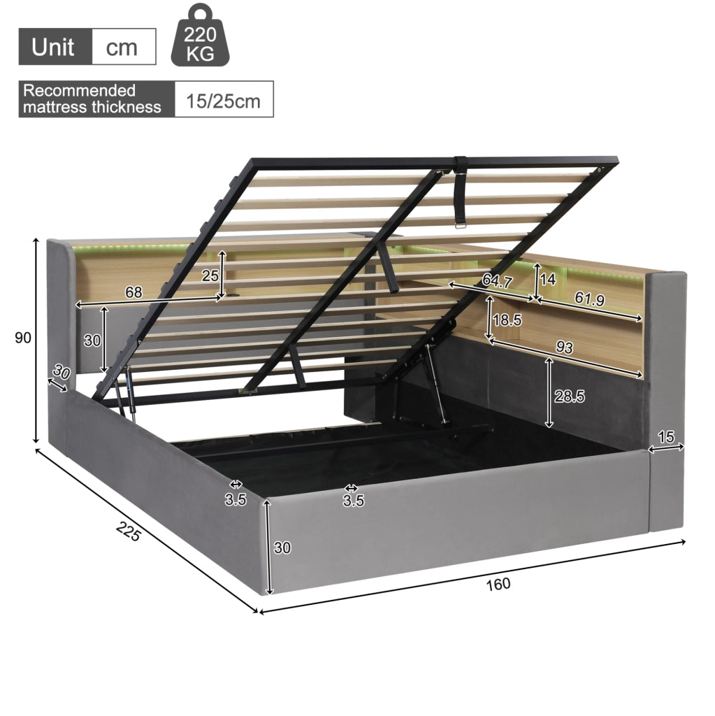 Letto imbottito 140x200 cm con contenitore idraulico; LED; USB e Type-C in velluto grigio