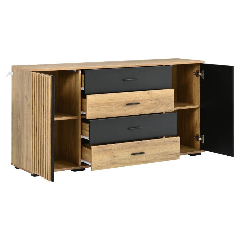 Sideboard 140×35×70 cm in MDF con 4 cassetti e 2 ante, mobile contenitore in effetto rovere nero