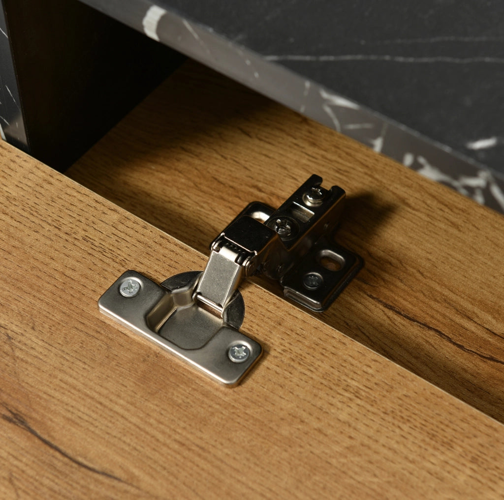 Mobile TV moderno con effetto marmo e venatura legno; struttura in MDF; colore legno naturale
