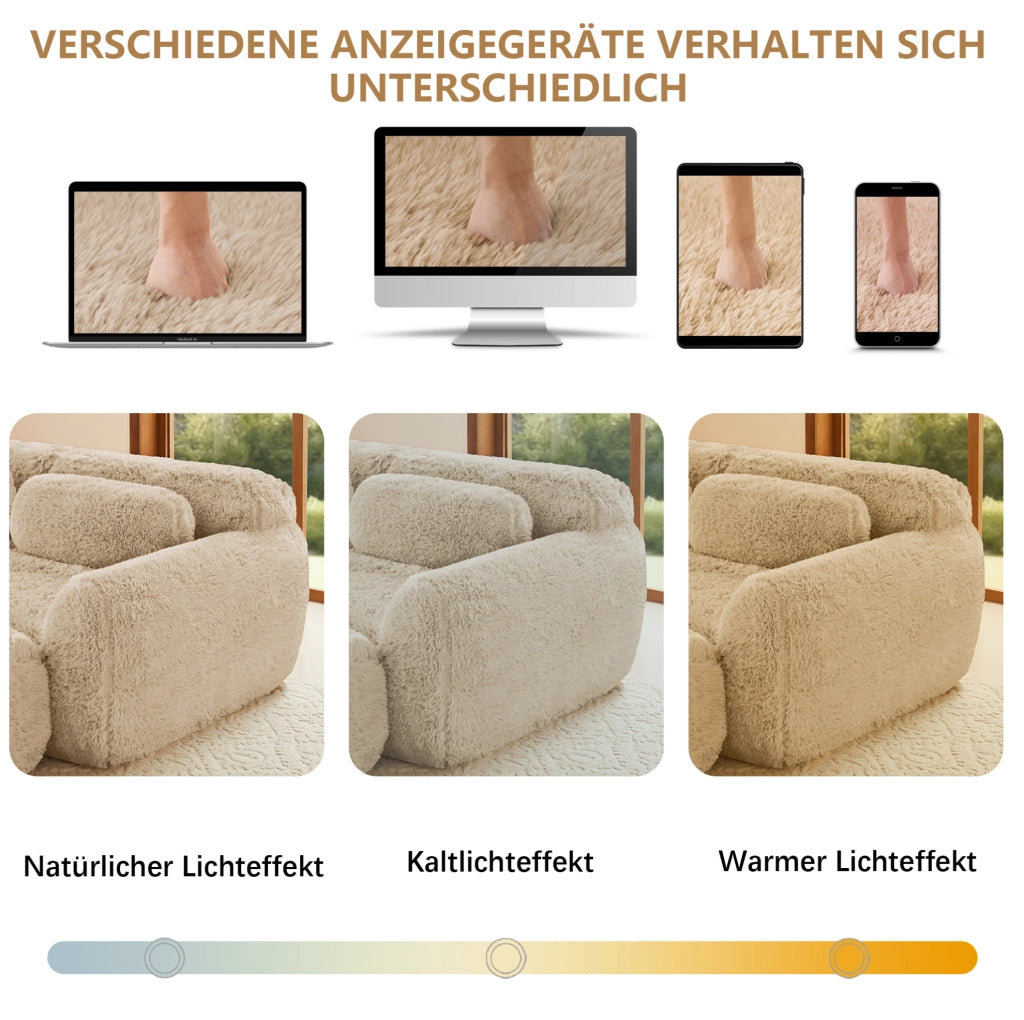Divano modulare 2 posti con 2 pouf in tessuto peluche; kaki chiaro