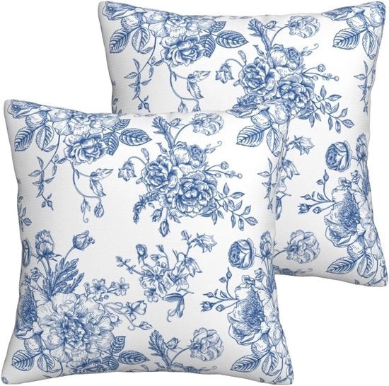 Set di cuscini Chinoiserie Blu-Bianco 18x18, con 2 pezzi, motivi floreali, per uso esterno e interno, cuscini decorativi per divano e letto