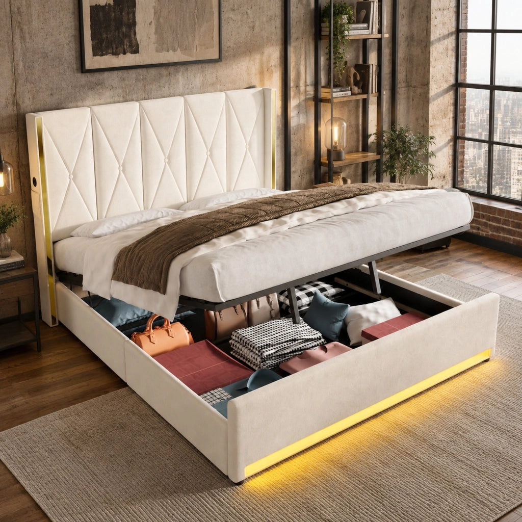 Letto matrimoniale 180x200 cm in velluto beige con testiera alta; LED; USB e contenitore
