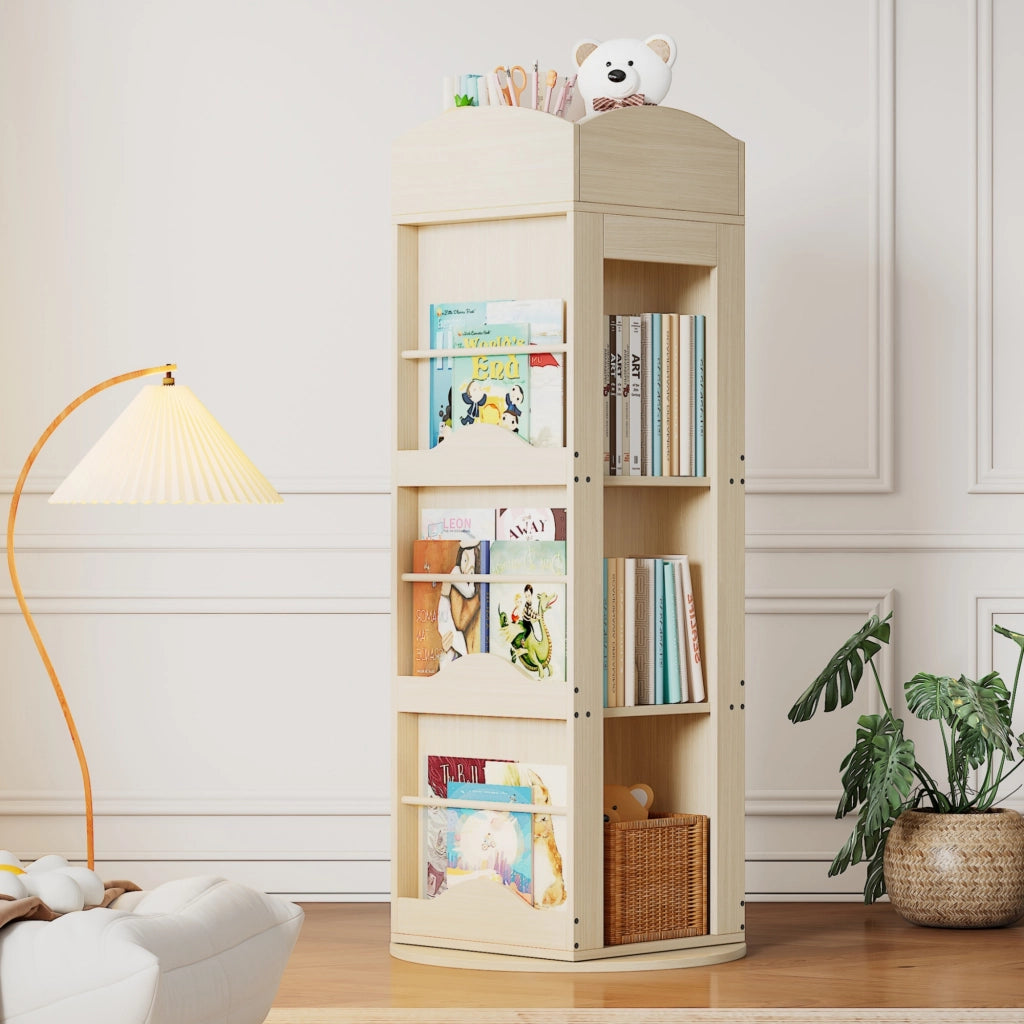 Libreria girevole 360° in MDF naturale, scaffale salvaspazio multifunzione per libri e giochi