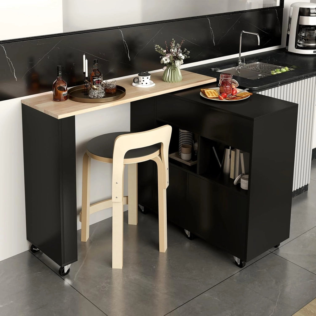 2 in 1 Carrello da Cucina, Carrello di Servizio Reversibile con Piano in Legno di Gomma, Ripiano Regolabile Porta Calici per 12 Bottiglie, 120x40x100 cm (Nero)