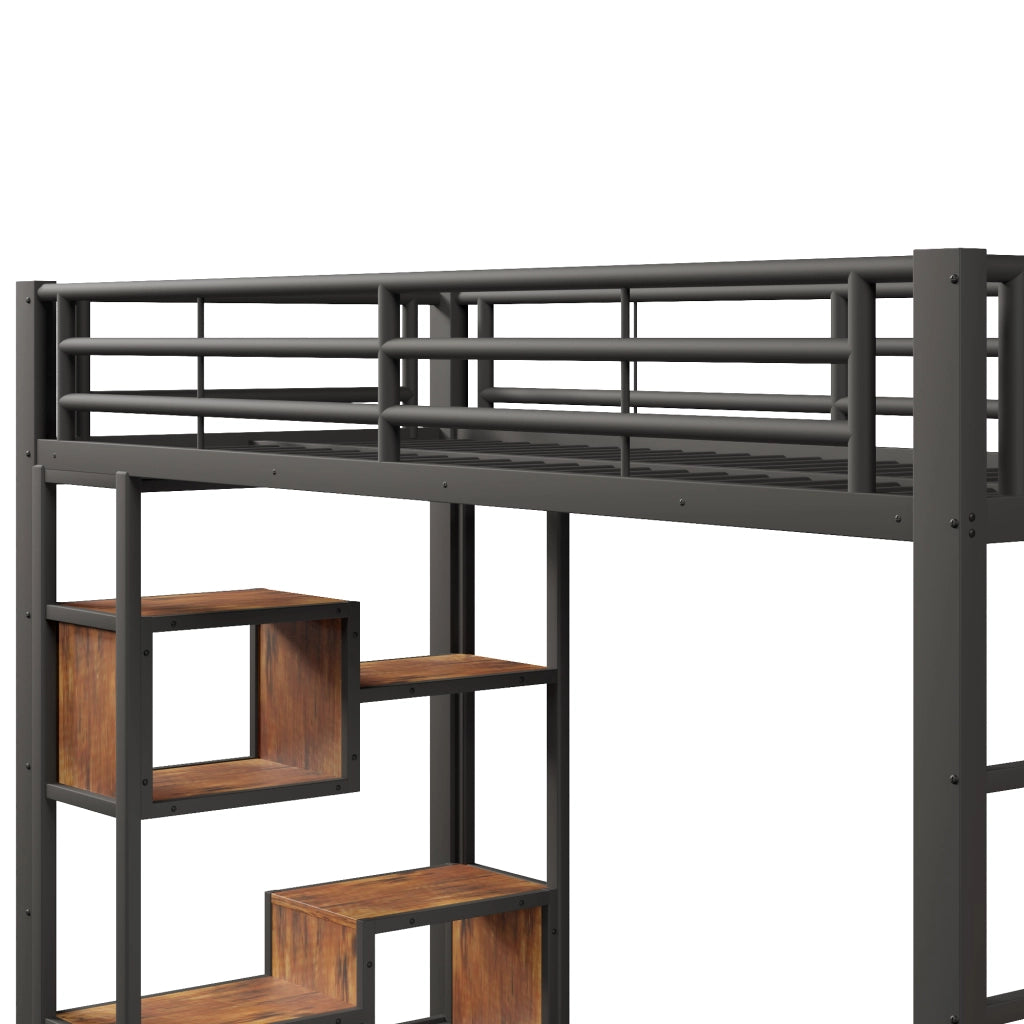 Letto a soppalco 90x200 cm con spazio libero sottostante; LED; ripiano; gradini integrati e parapetto; metallo nero