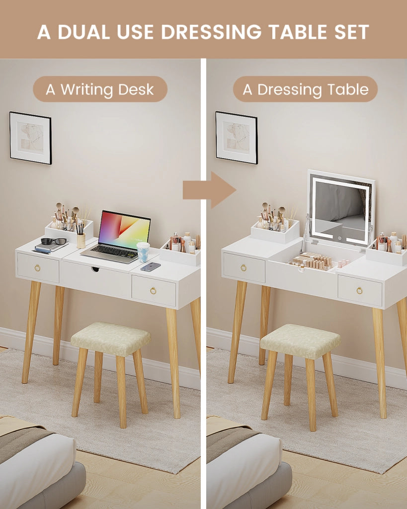 Tavolo da toeletta con specchio a LED,  tavolo da toeletta, tavolo da toeletta con sgabello, tavolo da trucco con luce a 3 colori