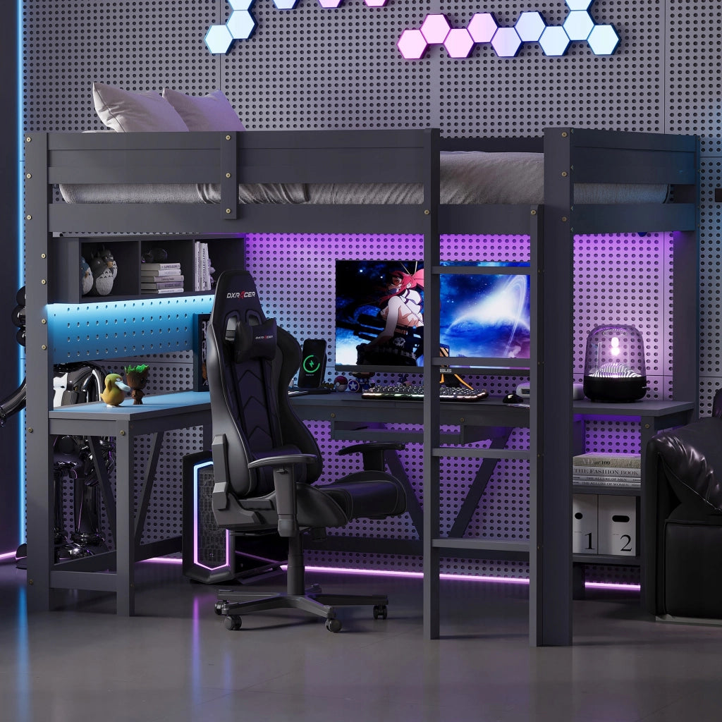 Letto gaming con scrivania LED - Xylo - 90x200 - Grigio