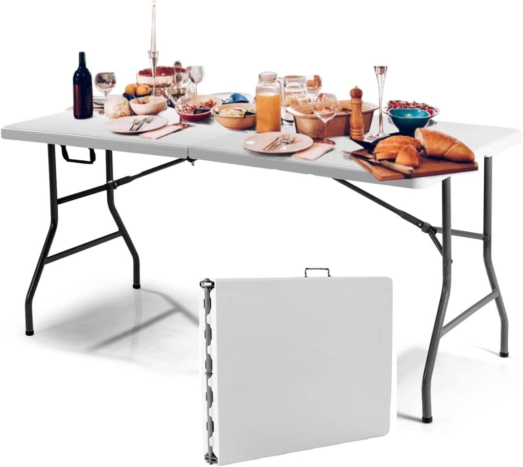 Tavolo da campeggio pieghevole da giardino con maniglia, tavolo da pranzo con piedini antiscivolo, bianco (182 x 75 x 74,5 cm)