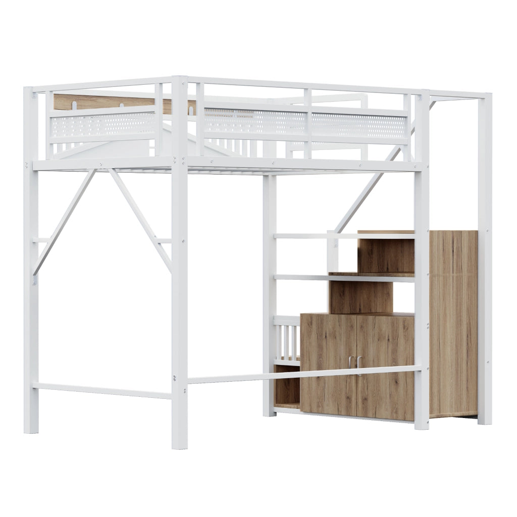 Letto a soppalco 140x200 cm con scala e vani portaoggetti in metallo e legno bianco