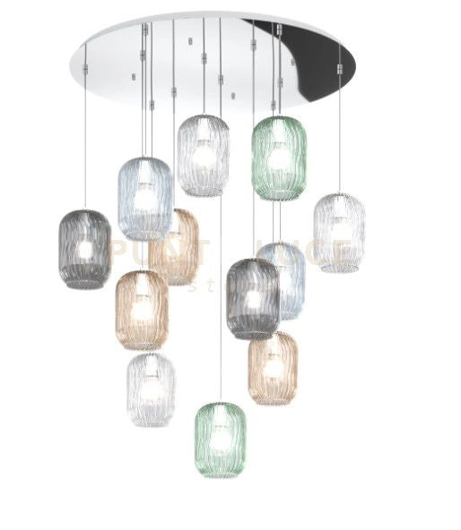 SOSPENSIONE CROMO 12 LUCI TONDA VETRI 3X TR + 3X AM + 2X FU + 2X VE + 2X BL 1181CR-S12 T-MC