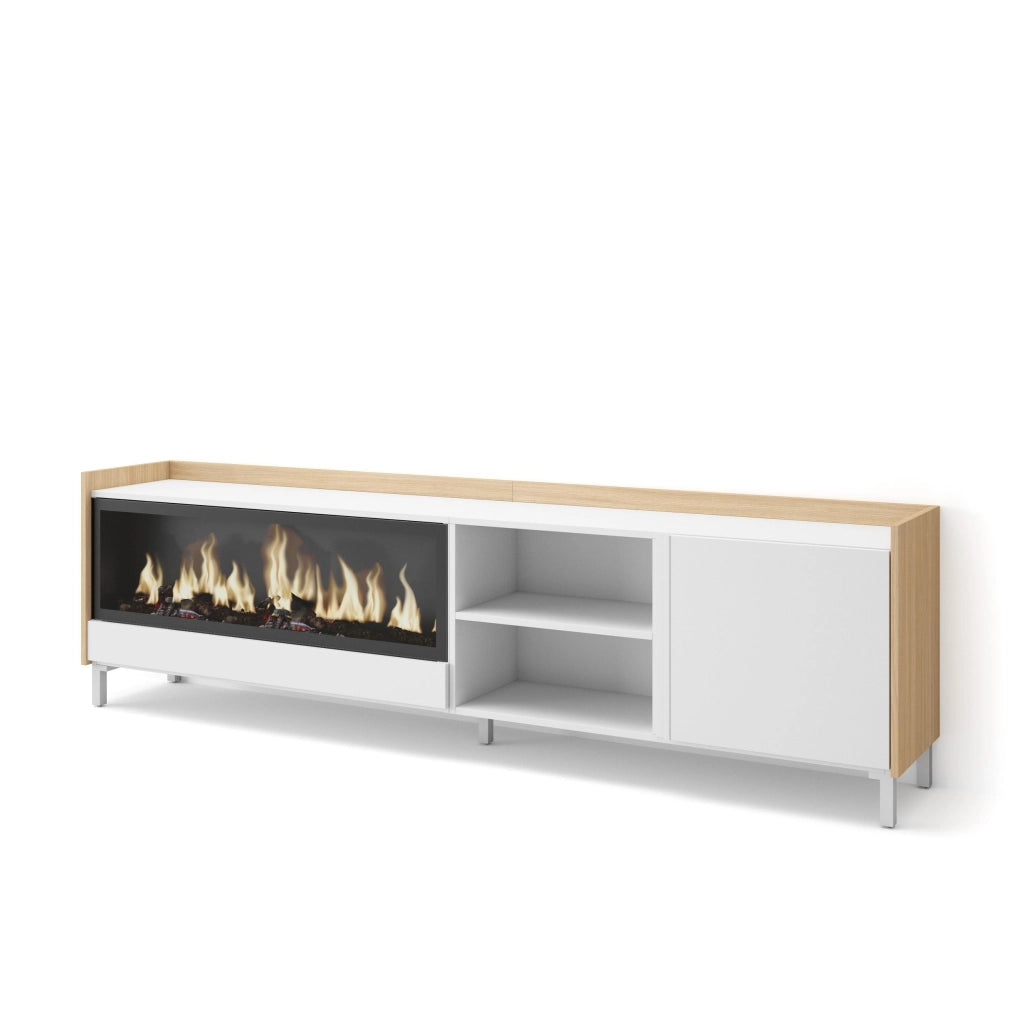 Mobile TV Soggiorno, 212x61x35 cm, Per TV fino a 80", Camino elettrico XXL, Design industriale, Bianco e Rovere soft