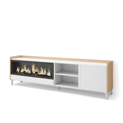 Mobile TV Soggiorno, 212x61x35 cm, Per TV fino a 80", Camino elettrico XXL, Design industriale, Bianco e Rovere soft