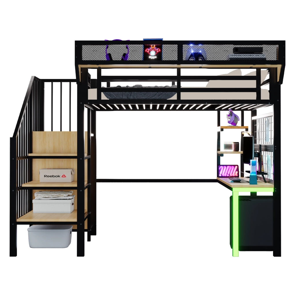 Letto a soppalco in metallo 90x200 cm con scrivania, scaffali, rete portaoggetti, LED e presa, nero