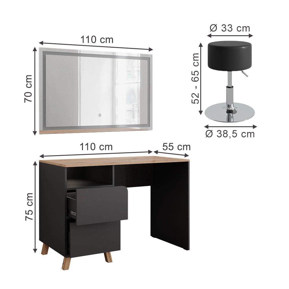 Vicco Tavolo da toeletta Antracite/Artisan 110 cm con sgabello e specchio LED