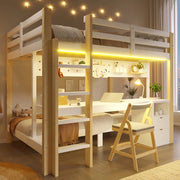 Letto a Soppalco con Cassetti, Scrivania e LED ¨C MINIMAL ¨C Pino, 90x200 / 140x200, senza Materasso