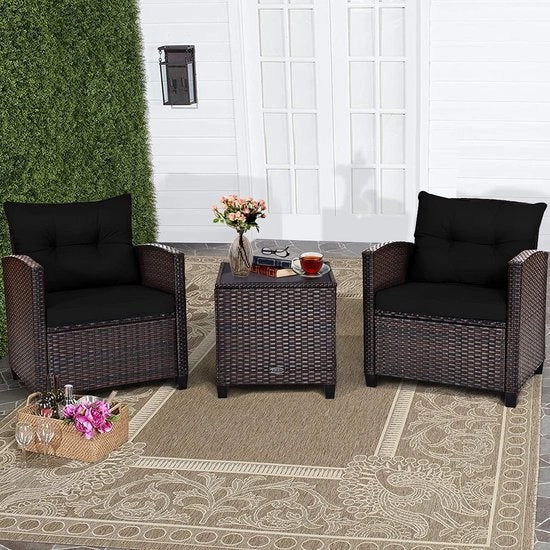 Set di 3 pezzi di mobili da giardino in rattan, set da pranzo in rattan, 2 poltrone e 1 tavolino da caffè, mobili per balcone, set da bistro, set da giardino, set da giardino lounge con foglia in vetro e sedile