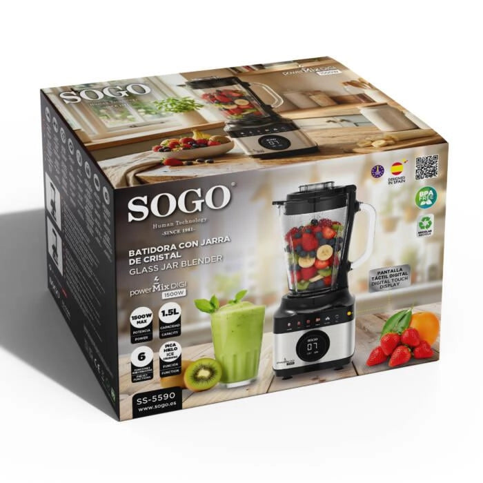 Frullatore con caraffa in vetro 1,5L, 1500W, 6 lame acciaio inox, display touch digitale, 6 programmi automatici - SOGO