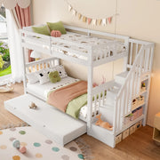 OKWISH Letto a Castello 90×200 cm, Letto Singolo con Letto Estraibile, Scala con Mensole e Sponde Alte, senza Materasso, Bianco