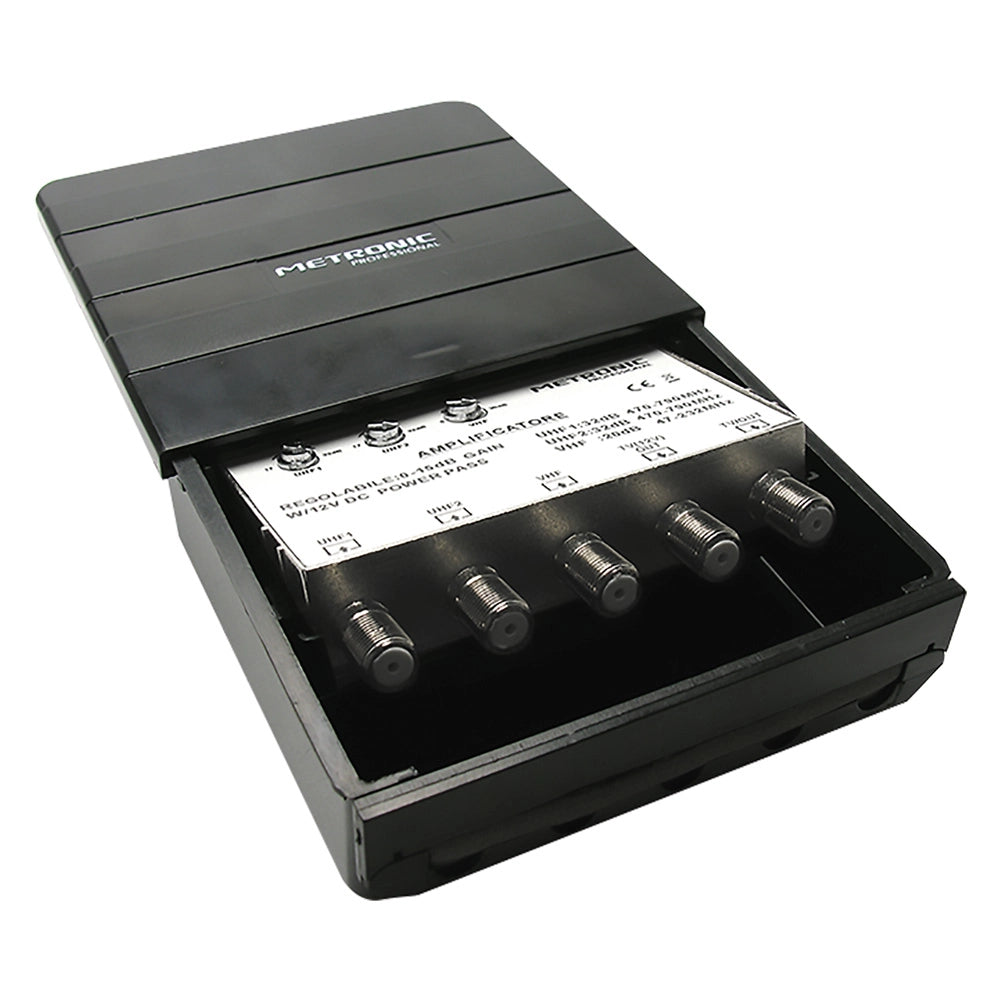 AMPLIFICATORE ESTERNO - DIGITALE TERRESTRE 3 IN/2  3 ingres. UHF/UHF/VHF - 2 uscite TV  - METRONIC
